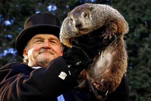 FILE- In this Feb. 2, 2017, file photo, Groundhog Club handler John Griffiths holds Punxsutawney Phil, the weather prognosticating groundhog, during the 131st celebration of Groundhog Day on Gobblers Knob in Punxsutawney, Pa. Punxsutawney Phil’s handlers are set to announce at sunrise Friday, Feb. 2, 2018, what kind of weather they say the rodent is predicting for the rest of winter. (AP Photo/Gene J. Puskar, File)